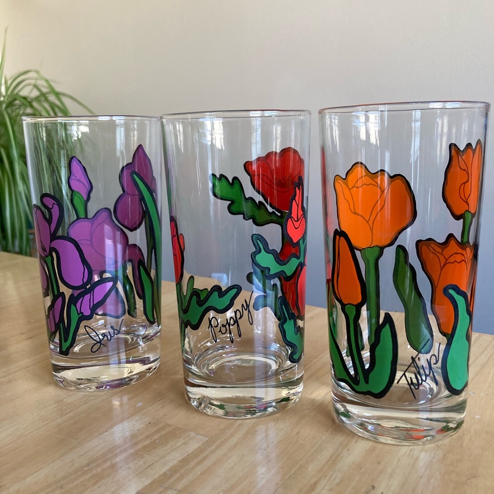 Set of 3 peanut butter glasses- poppy (red) iris (purple) and tulip (orange)